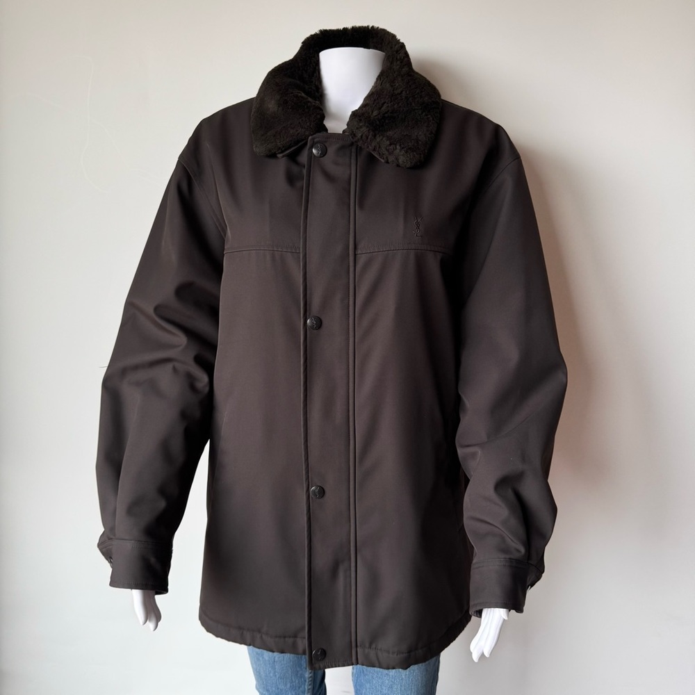 YVES SAINT LAURENT YSL Logo FUR TRIMMED SATIN COAT Parka Jacket